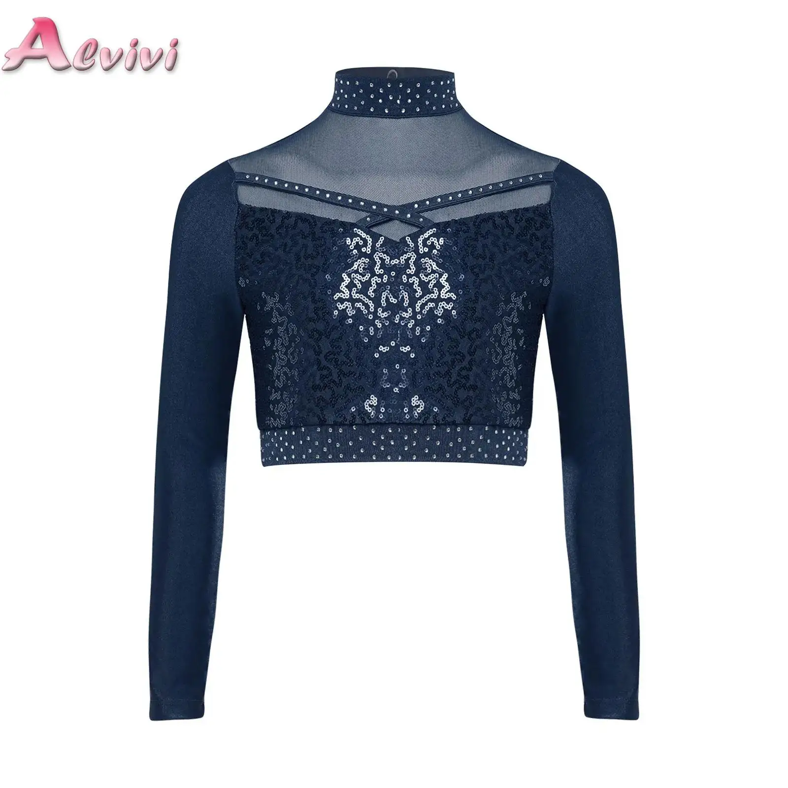 

Sequins Modern Jazz Dance Crop Top for Kids Girls Sheer Mesh Long Sleeve T-Shirt Tops Figure Skating Stage Performance Costume