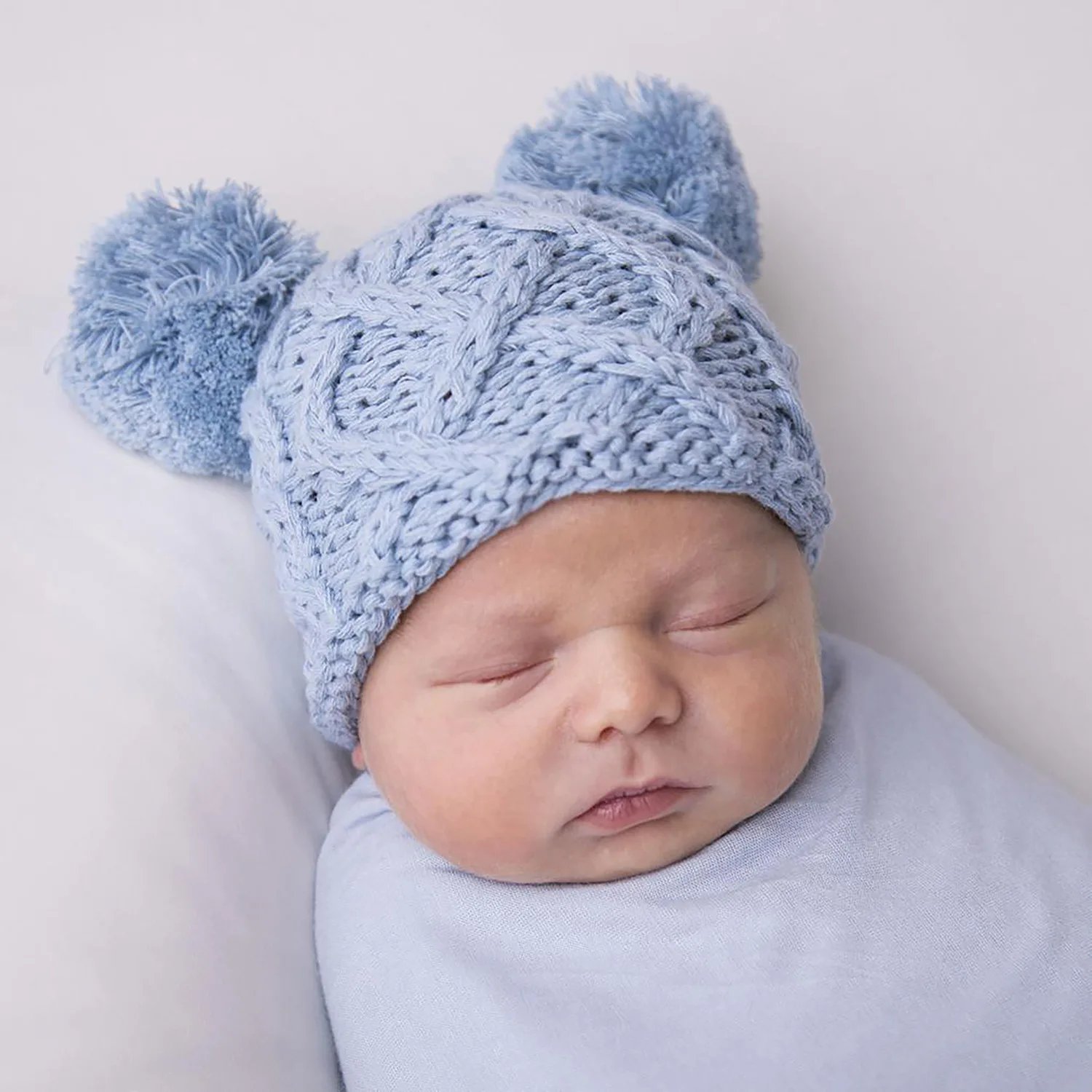 Winter Newborn Cute Bear Photography Baby Casual Everything Warm Soft Comfortable Breathable Wool Knit Double Ball Hat