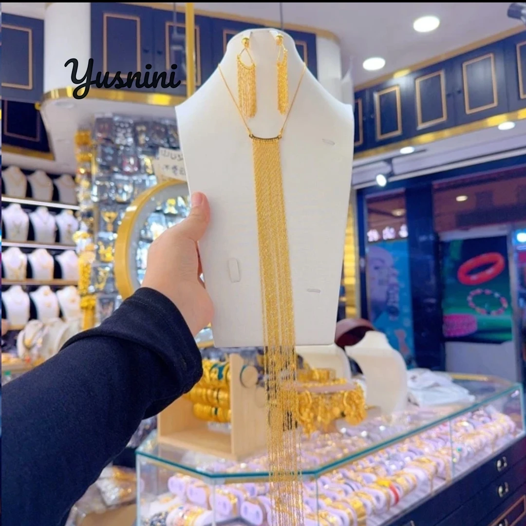 

Fashion Saudi Dubai 24K Gold Plated Custom Tassel Necklace Earrings for Couples' Wedding Party Jewelry Set DD10859