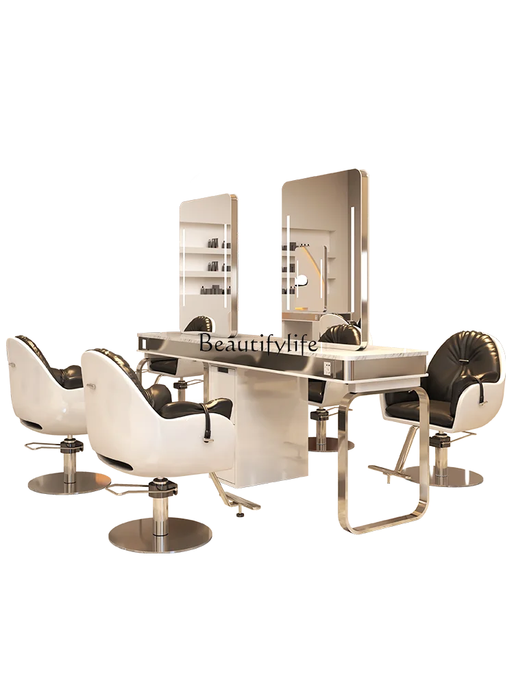 For Hair Salon Hairdressing Mirror Integrated Marble Single-Sided High-End Hot Dyeing Table with Cabinet