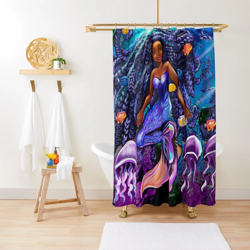 

mermaid underwater with flowing shimmering blue black braids 2 fish and jelly fish , brown eyes curly Afro hair a Shower Curtain