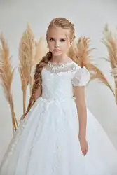 Elegant White Flower Girl Dress Short Sleeve Lovely Princess Satin Ball Gown For Kids Birthday Gift Party First Communion Dress