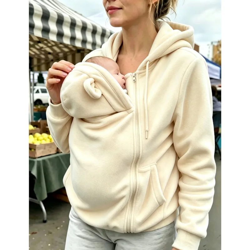 Chaquetas con capucha para mujer, estilo casual, ideales para el otoño e invierno, con diseño de canguro para llevar al bebé, ropa de abrigo para madres, chaquetas con bolsillo para bebé y forro polar grueso.