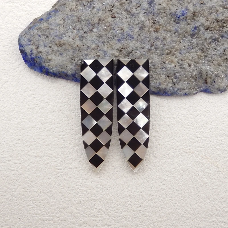 Natural Stone M.O.P And Obsidian Intarsia Gemstone Earrings Bead,Fashion Jewelry Earrings Accessories For Women 42x12x3mm,7g