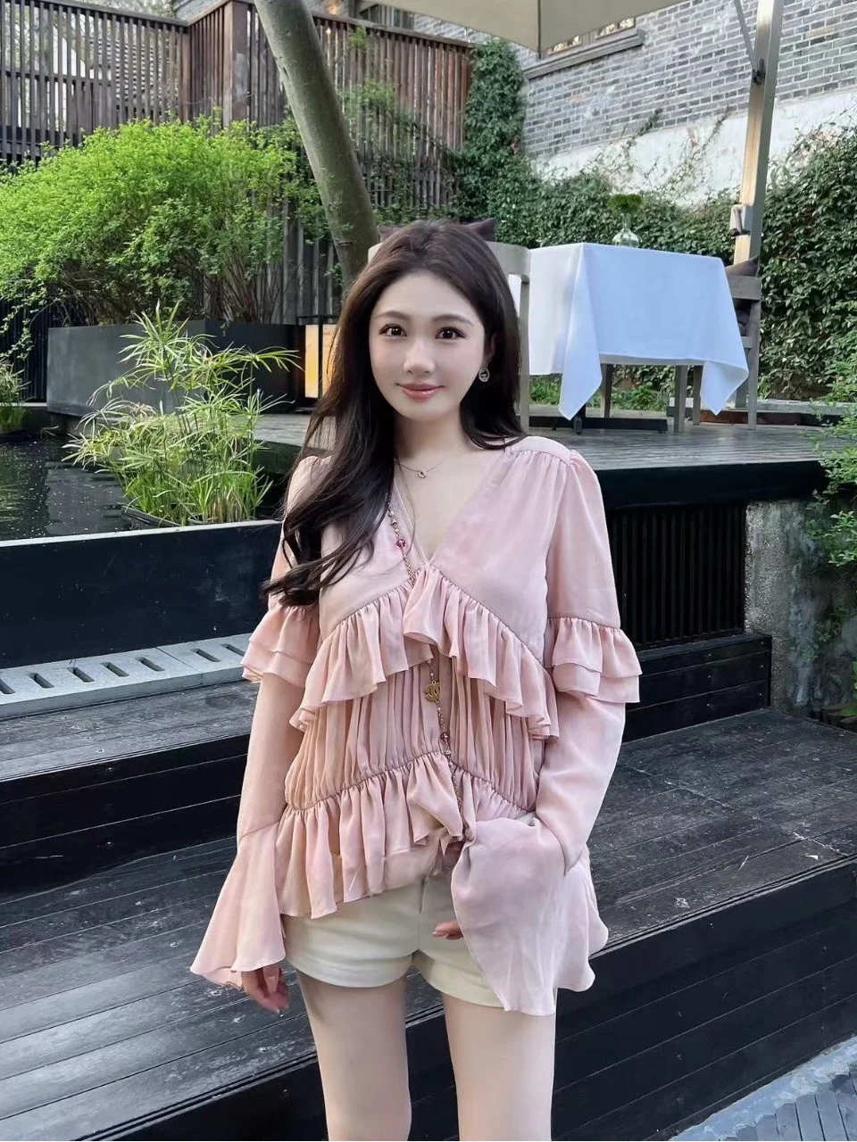 

Elegant V-Neck Long Sleeve Chiffon Top with Lace Trim Versatile Slimming Design for Gentle Women Commute Style Polyester Fiber