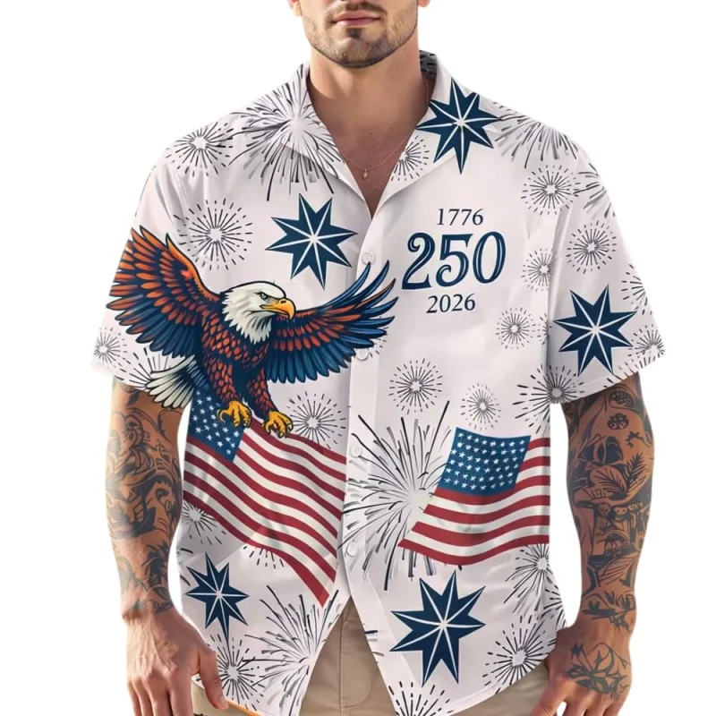 

USA 250th Anniversary Graphic Hawaiian Shirt For Men 3D Printed America Eagle Short Sleeves Summer Blouses Lapel Aloha Shirts