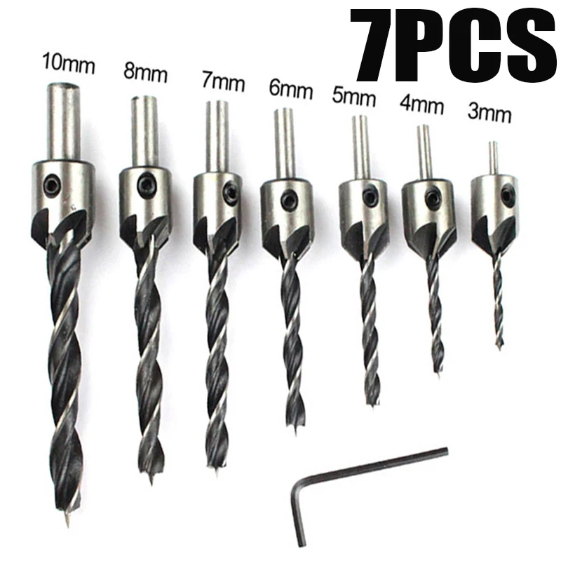 4/7PCS 3/4/5/6/7/8/10mm Three Pointed Woodworking Head Drill Bit Reaming Drill Bit Guide High-Speed Steel Drill Bit+1PCS Brill