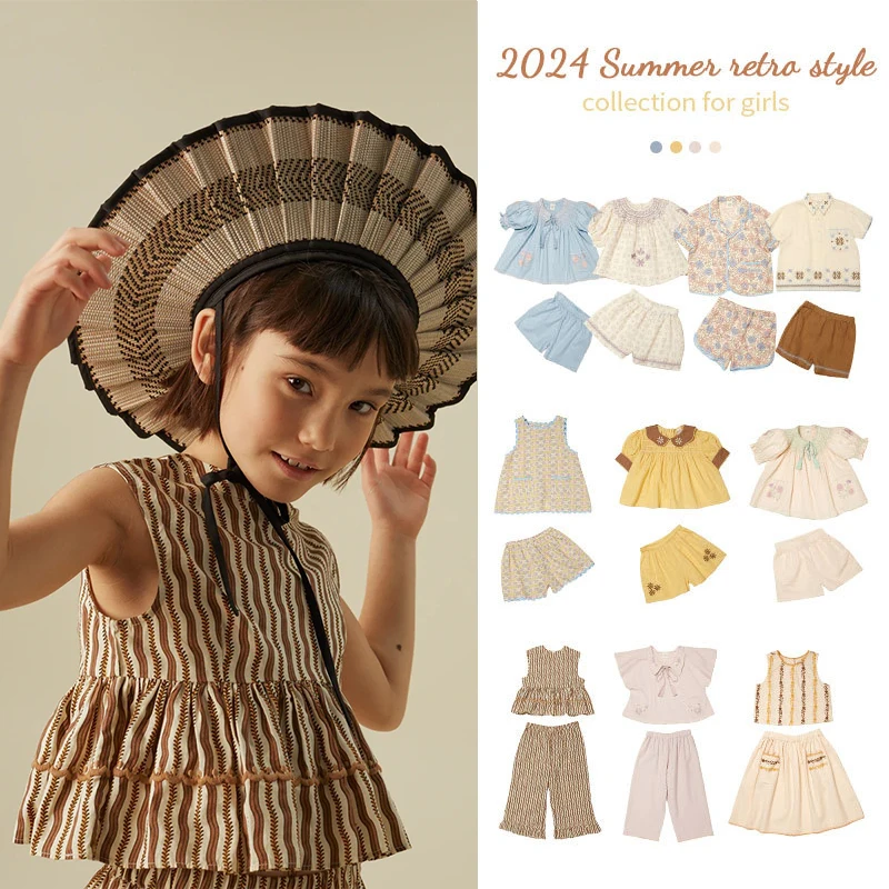 

Children's Set 2024 Summer AP New Girls Pastoral Wrap Top Girls Shorts Two Piece Girl Wide-Leg Pants Set【Pre-sale April 15th】