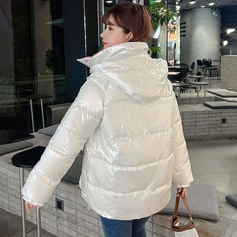 Winter New Hooded Thick Warm Parka Bright Down Cotton-Padded Jacket Women's Outwear Korean Loose Bright Leather Cotton Coat