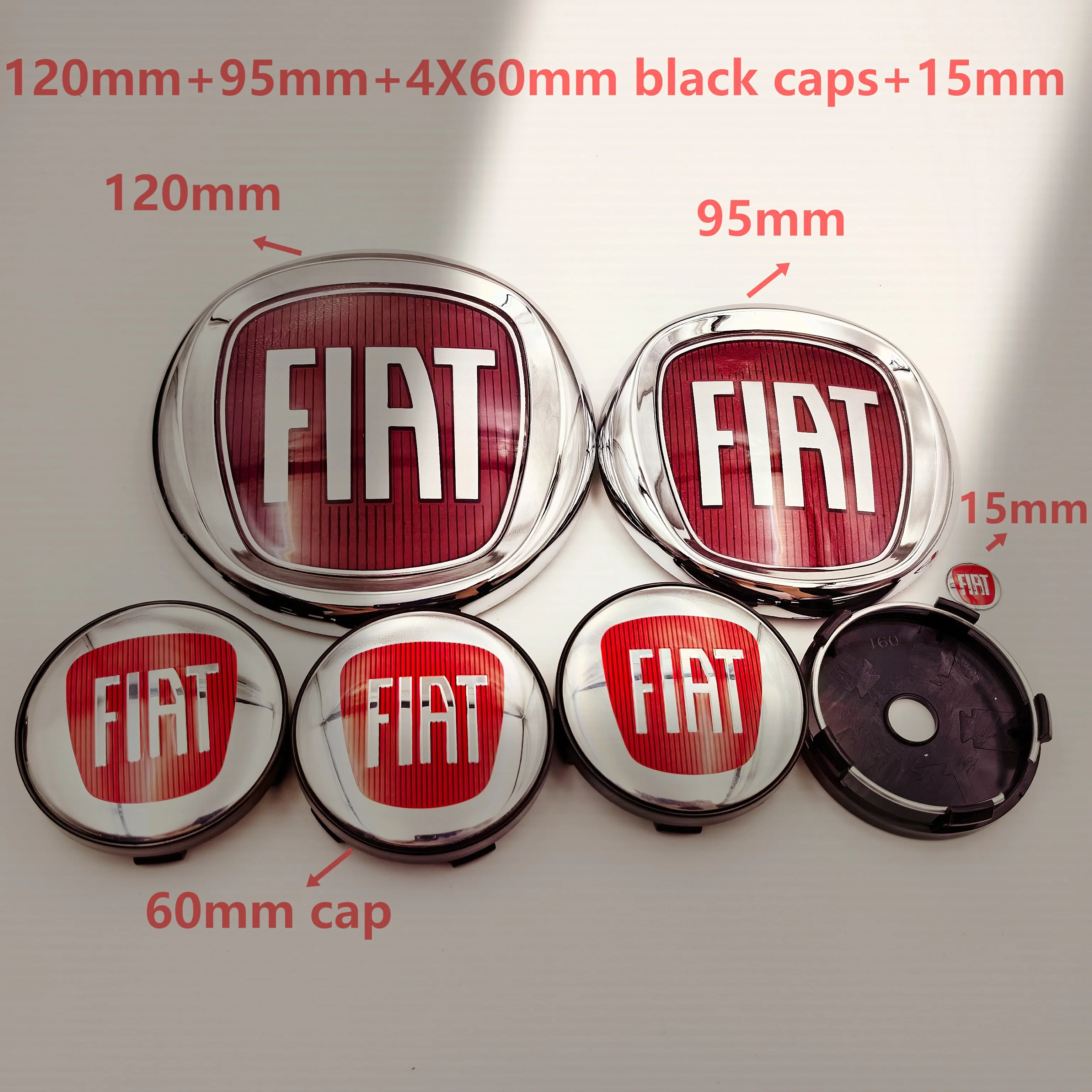 7 Uds. Emblema de coche Fiat cubierta de cubo de rueda central pegatina de cubo de rueda 50/56/60mm insignia de emblema de maletero delantero trasero de capó de coche 90/95/120mm