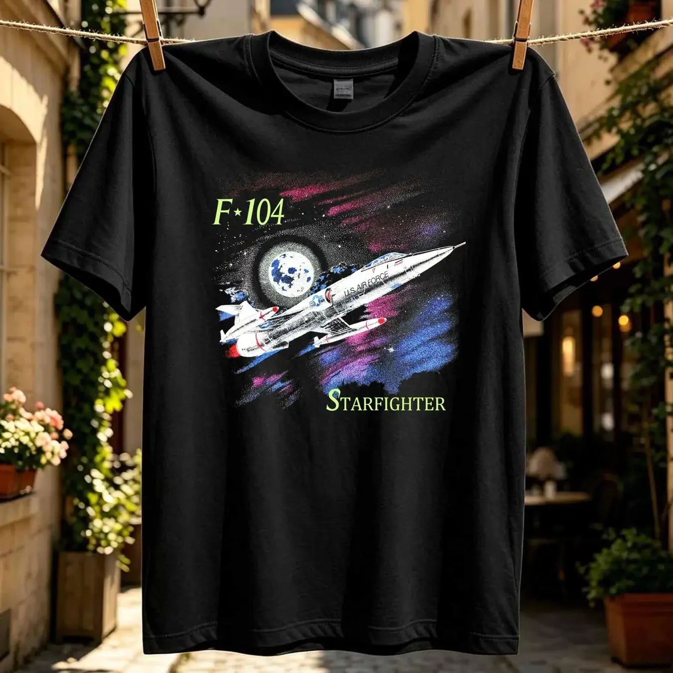 washed T Shirt Vintage Airforce Starfighter F 104 Size Small Black Made in USA Tear REA long or short sleeves vintage Washed