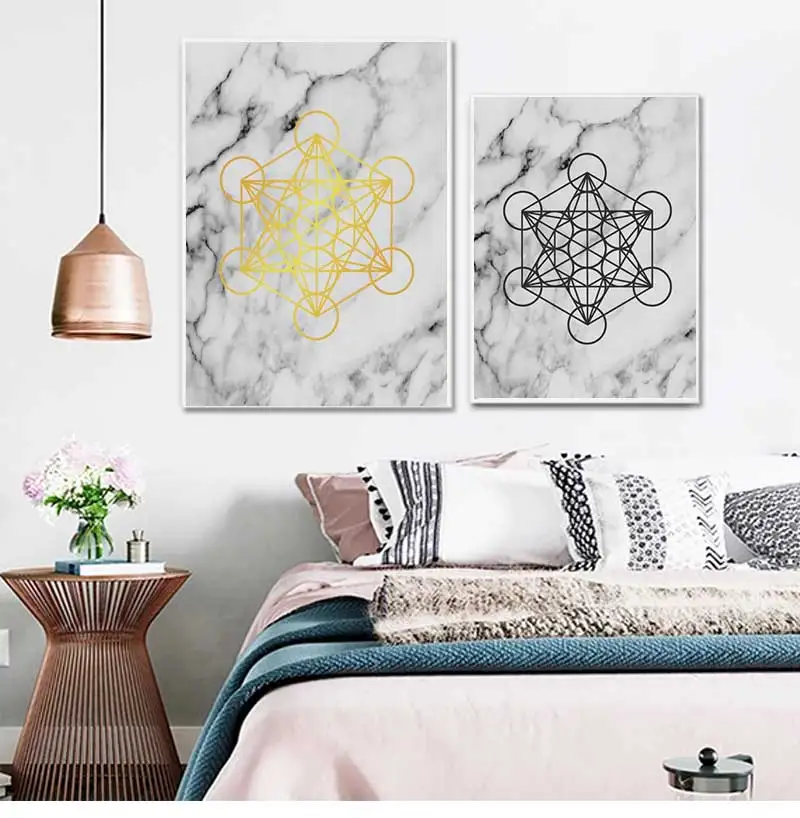 Gold Metatron Cube Marble Wall Art Canvas Painting Golden Sacred Geometry Print Fruit of Life Art Poster Home Wall Art Decor