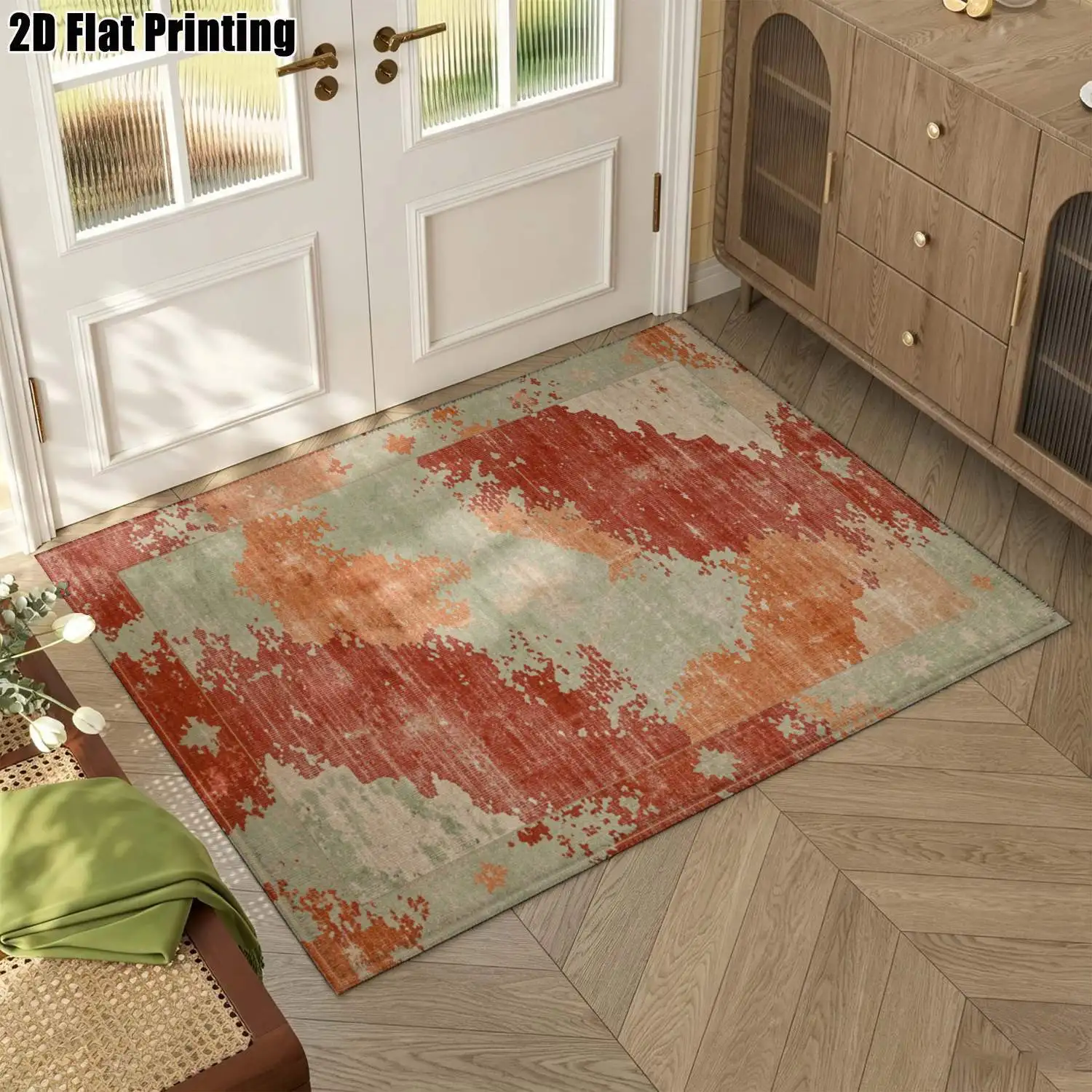 1Pc 2D Printed Carpet: Warm-Toned Color-Blocked Abstract Art Rug, Nordic Minimalist Retro Home Decor, Multi-Size Machine Washable for Multi-Scene Use