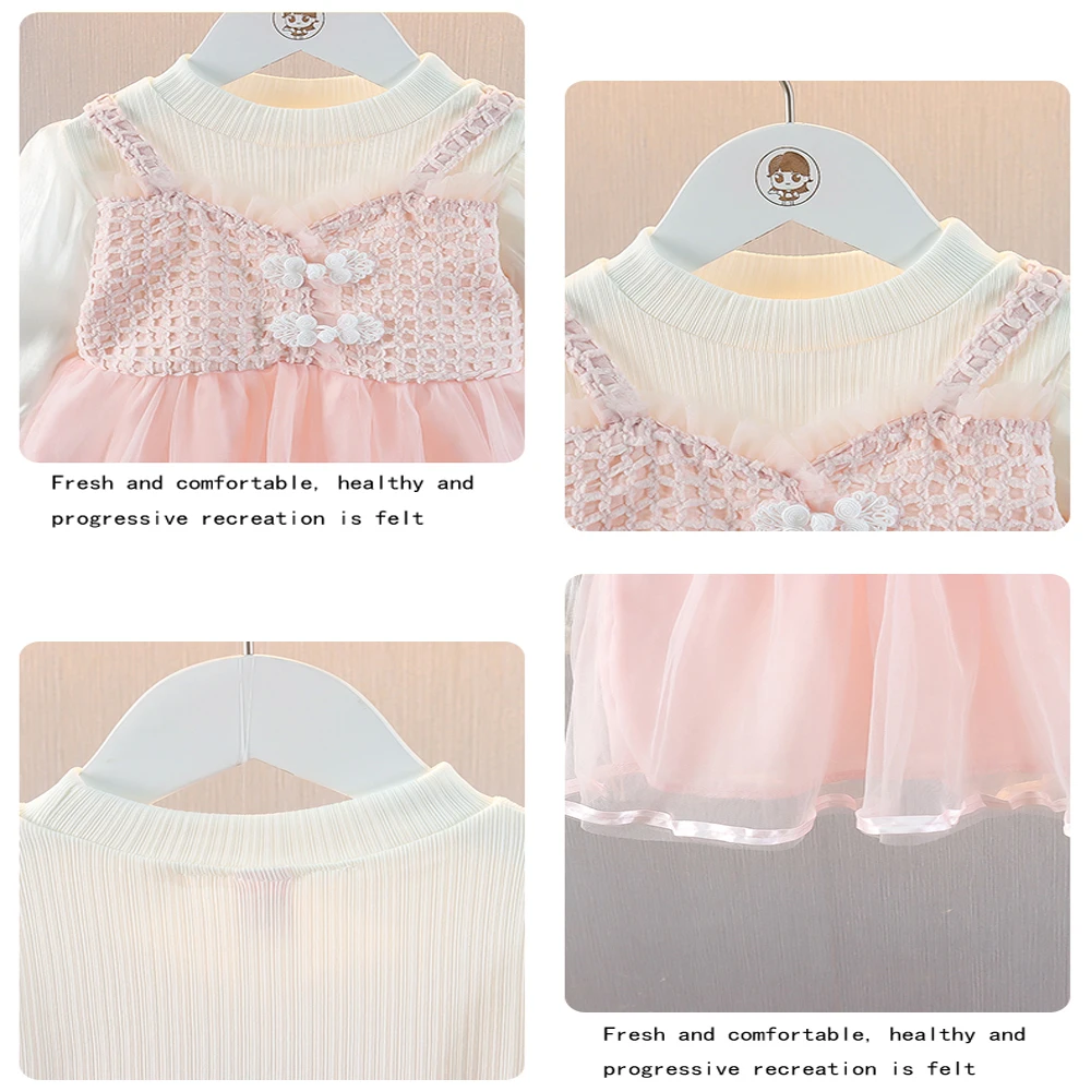 2024 Spring and Autumn Girls Sweet Long Sleeve Solid Color Puff Skirt Checkered Round Neck Dress Children\'s Clothing 1-5Y