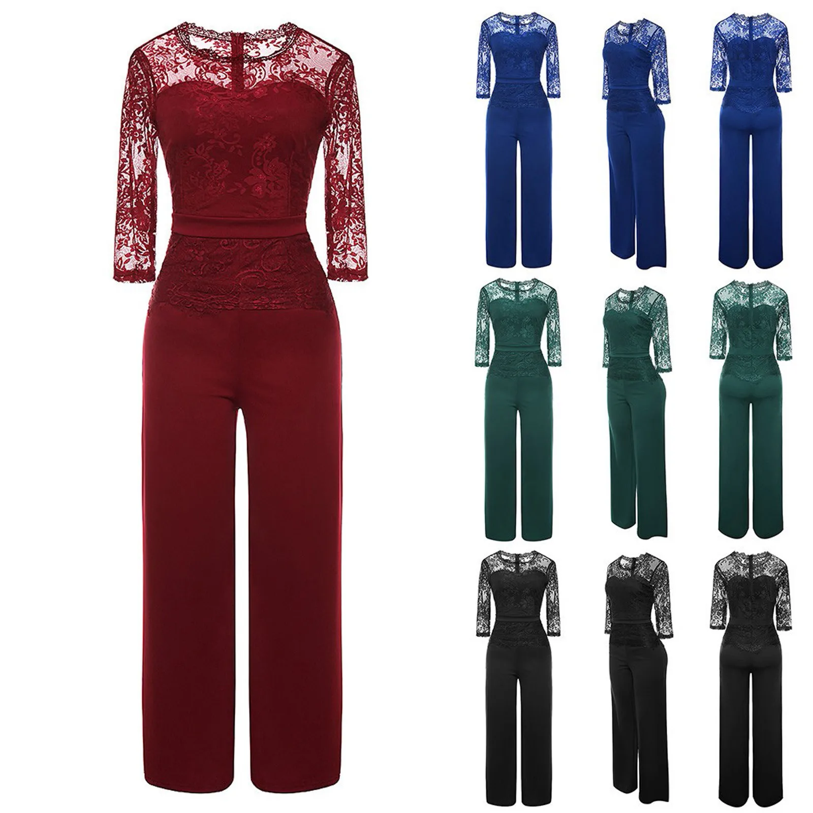 Ladies' Sexy Three Quarter Sleeve Party And Evening Casual Lace Jumpsuit Cargo Pants Women Pantalones De Mujer Roupas Femininas