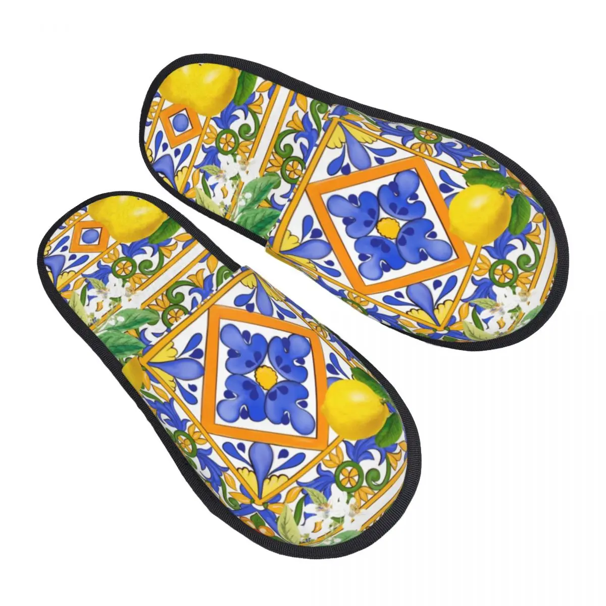 Custom Mediterranean Summer Fruit Lemons Tiles Memory Foam Slippers Women Comfy Warm House Slippers