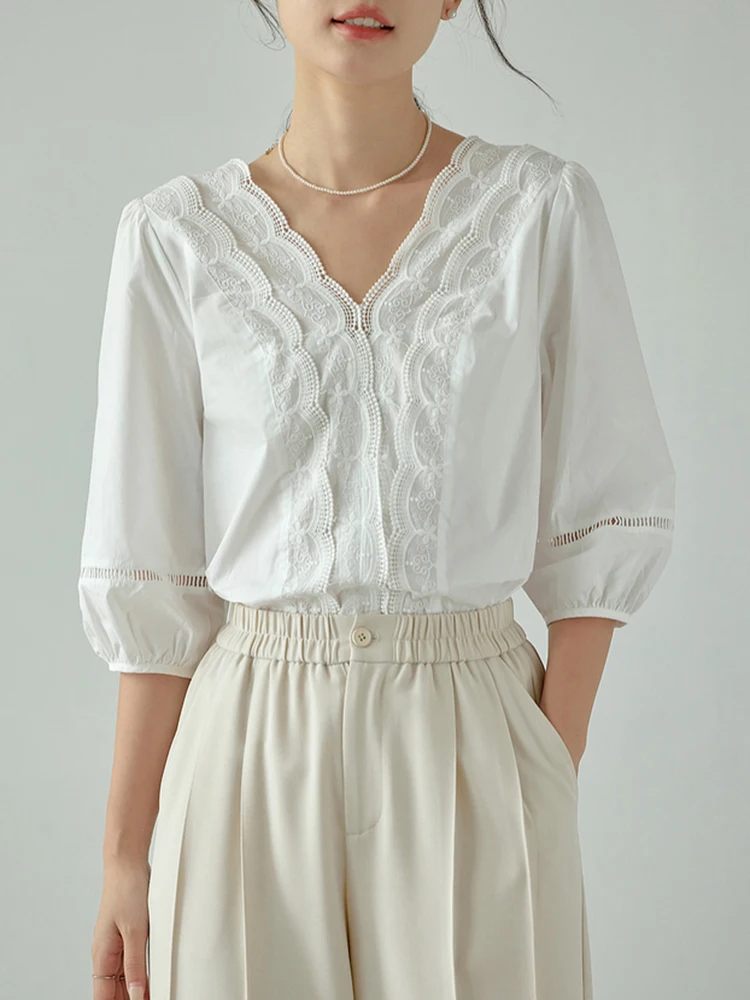 2025 New Summer Short Sleeve White Shirts Women Embroidered Lace Blouse V Neck Hollow Out Tops Female Elegant Office Ladies Tops