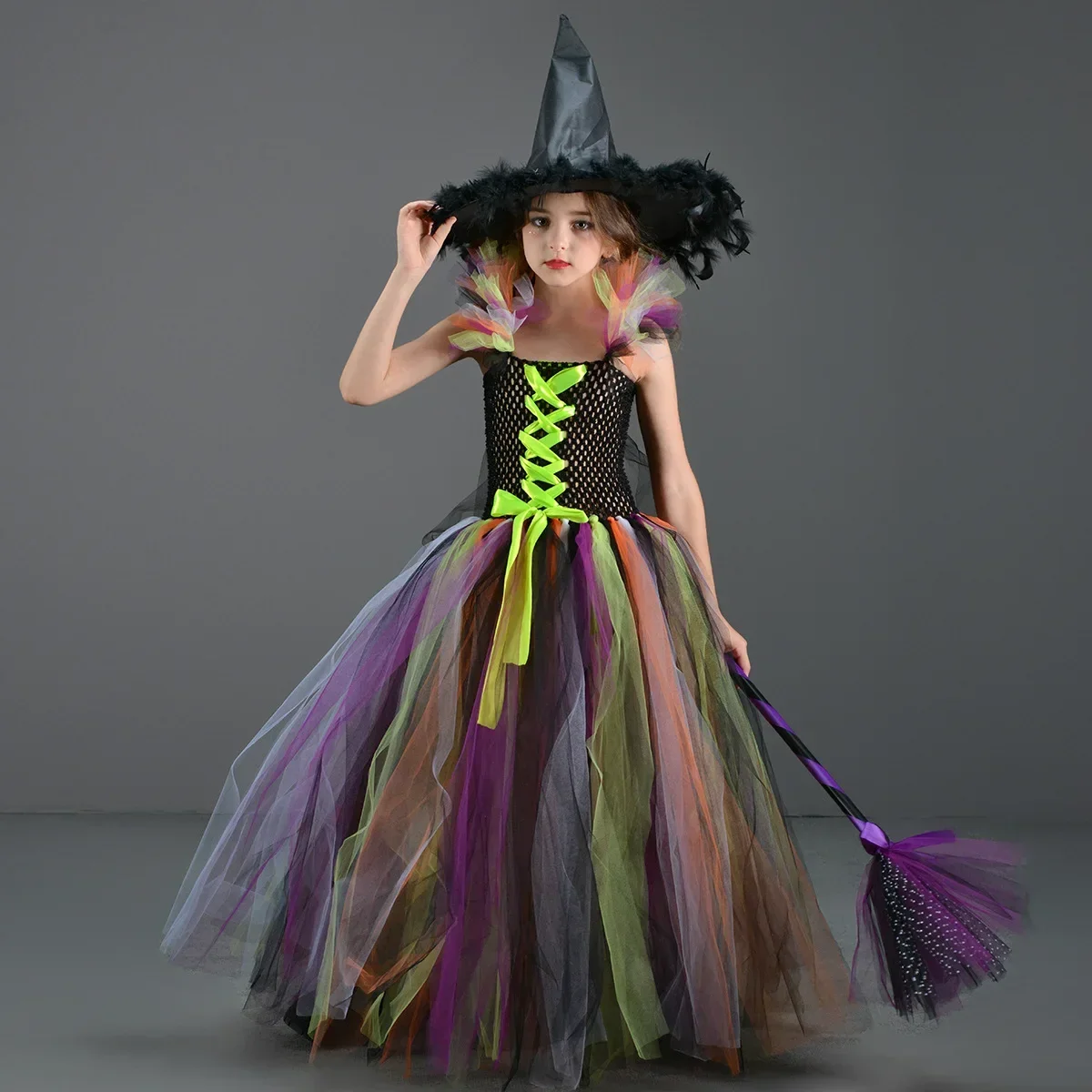 

Fairytale Purple Witch Dress with Hat Broom Glamour Kids Halloween Fancy Gown Tutu Robe Costume Gothic Girls Cosplay Clothing