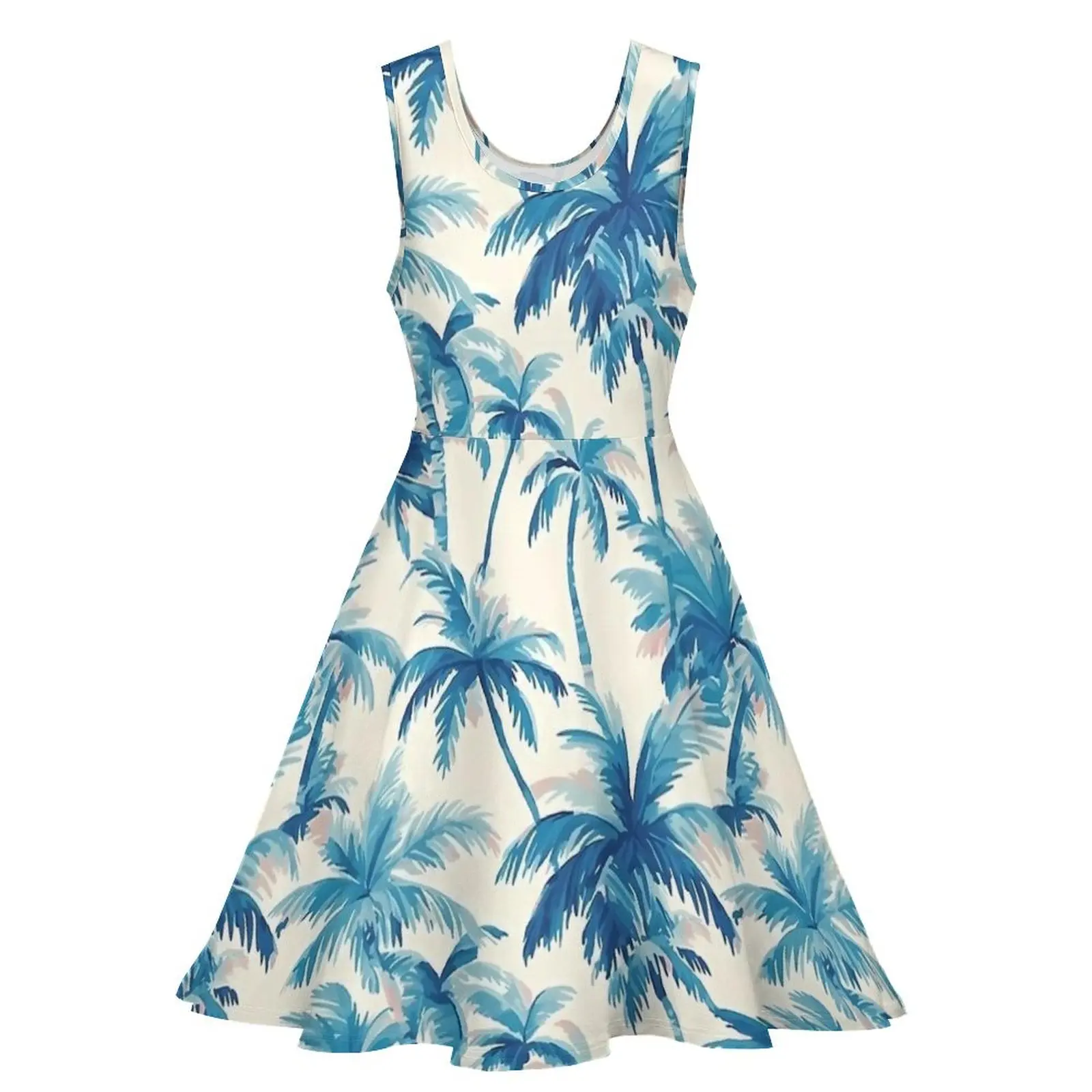 Blue Hawaiian Palm Trees Dress High Waist  Aesthetic Dresses Summer Ladies Big Size Elegant Printed Skate Dress