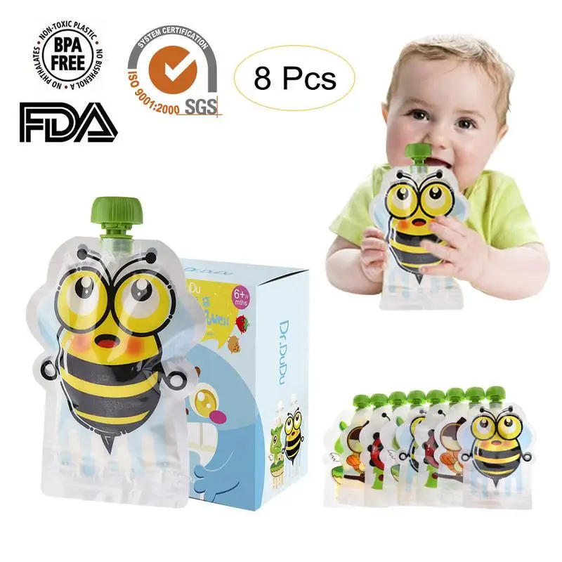 8pcs 150ml Baby Food Storage Pouch Portable Free BPA Reusable Sealed Complementary Baby Food Pouch Homemade Puree Pulp Bag