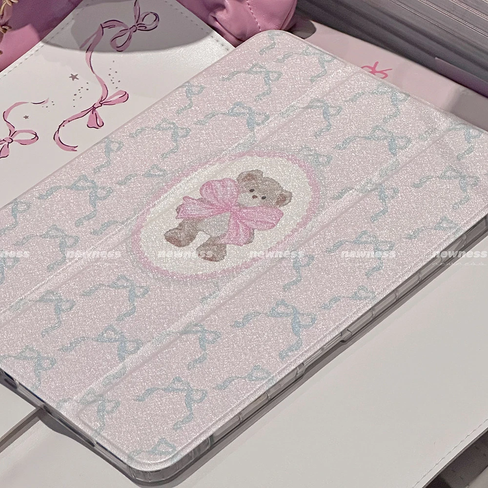 Korean Ins Pink Bow Bear Y2K Three Fold Cover For iPad Pro 13 11th M5 M4 12.9 A16 10 8 7 9th 10th Air 11 M2 M3 Mini Tablet Case