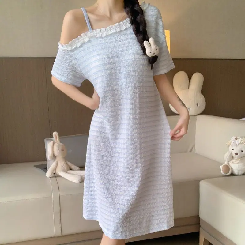2026 Summer Short Sleeve Off Shoulder Cotton Nightgowns for Women Korean Cute Lace Sleepwear Night Dress Nightdress Home Nighty