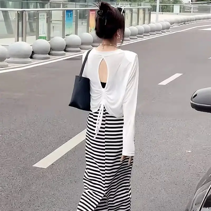 Spring Autumn Long Sleeve T-Shirt Sun Protection Loose Versatile Base Layer Small Size Top Striped Skirt Fashionable Set