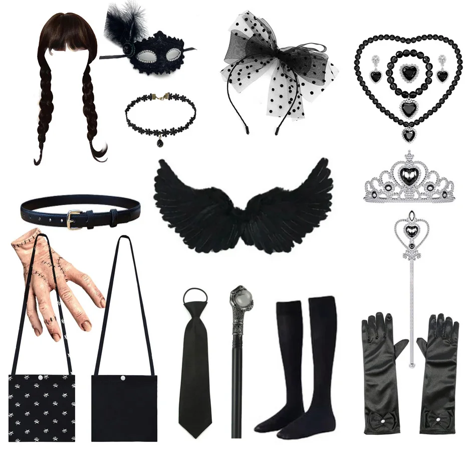 W-Wednesday Addams Accessories Girls Carnival Costumes Necklaces Hair Accessories Gloves Bag Crowns for Kids Girl