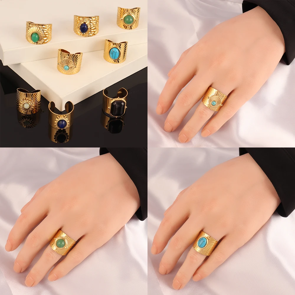 Vintage Geometry Colorful Stone Natural Ring Stainless Steel Ring Turquoise Charms Wide Chain Open Rings For Women Ring Jewelry