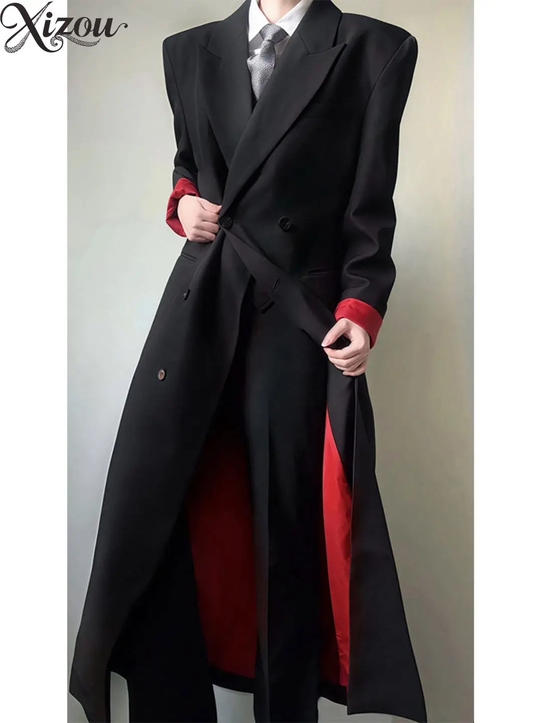 Fashion Blazer Collar Casual Trench Coat for Men New Spring Autumn High-end Suit Jacket Color Block Men's Long Trench Coat