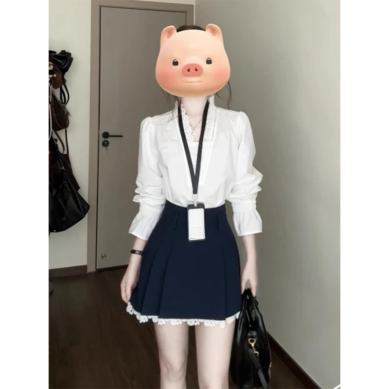 

Белый комплект из юбки с высокой талией, женский модный костюм из двух предметов на весну и лето, корейский комплект с юбкой Sle ort