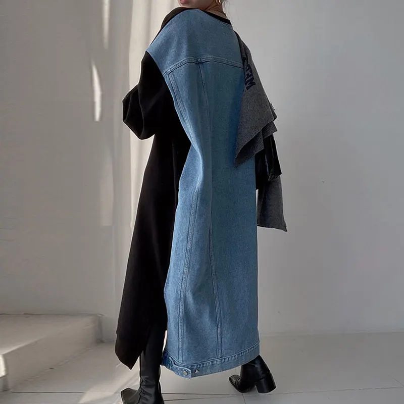 

Chic Spring Autumn round Ne Letter Print Splice Denim Design Long Sve Sweatirt Dr Women's Loose Waist Korean Sle