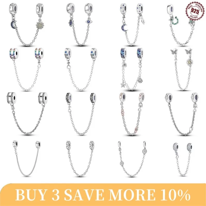 CYCUFF Real 925 Sterling Silver Stars & Moon Sunflower Safety Chains Spacer Beads Charms Fit 925 Original Bracelets DIY Jewelry