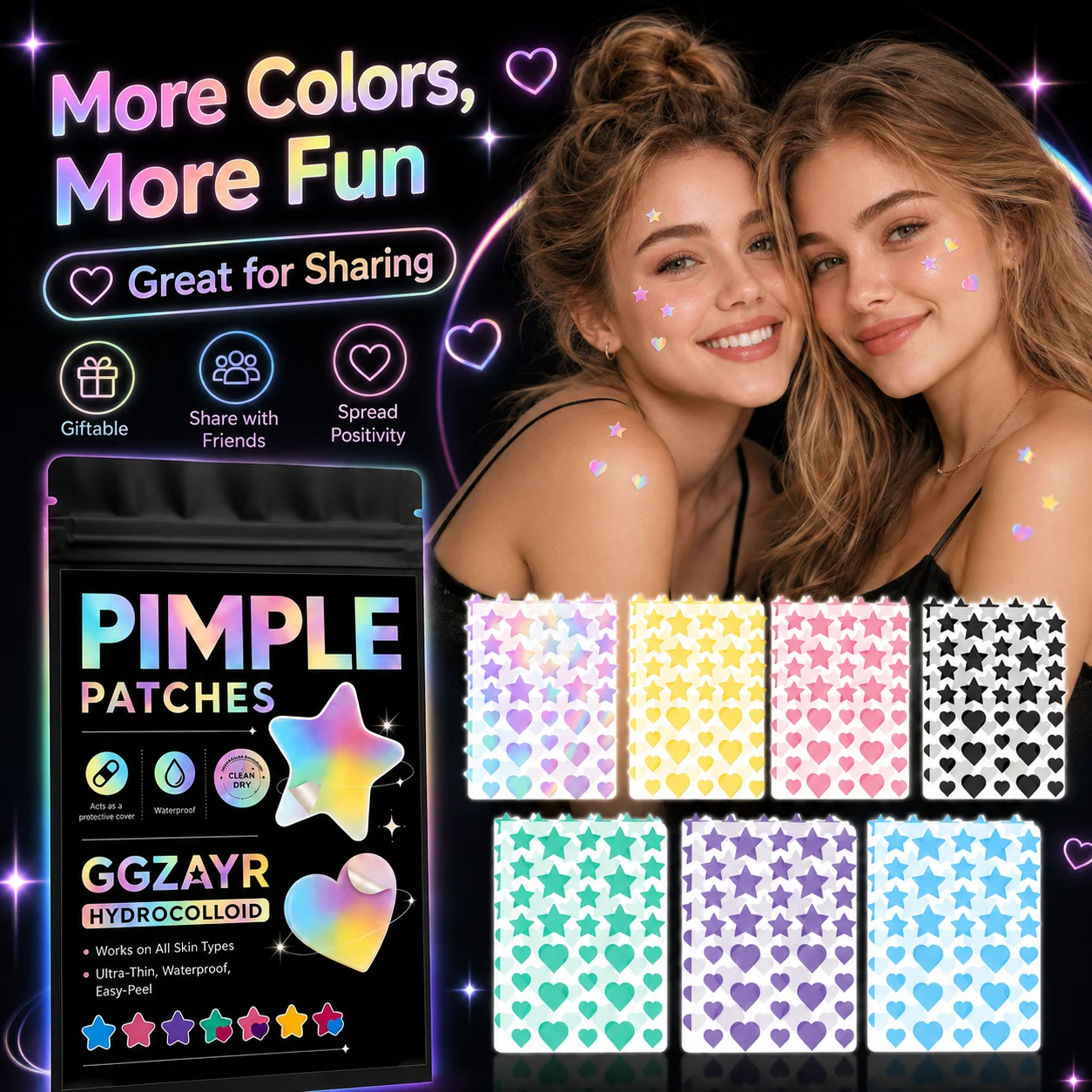 504PCS Star Heart Pimple Patches Colorful Hydrocolloid Face Stickers Thin Waterproof Spot Covers for Day Night Travel Party