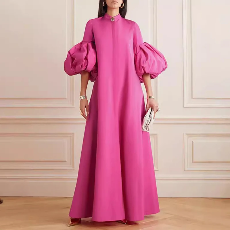 New Stand Collar Party Dresses Woman Elegant Luxury Spring Half Lantern Sleeve A-Line Long Dress Autumn Solid Floor-Length Dress