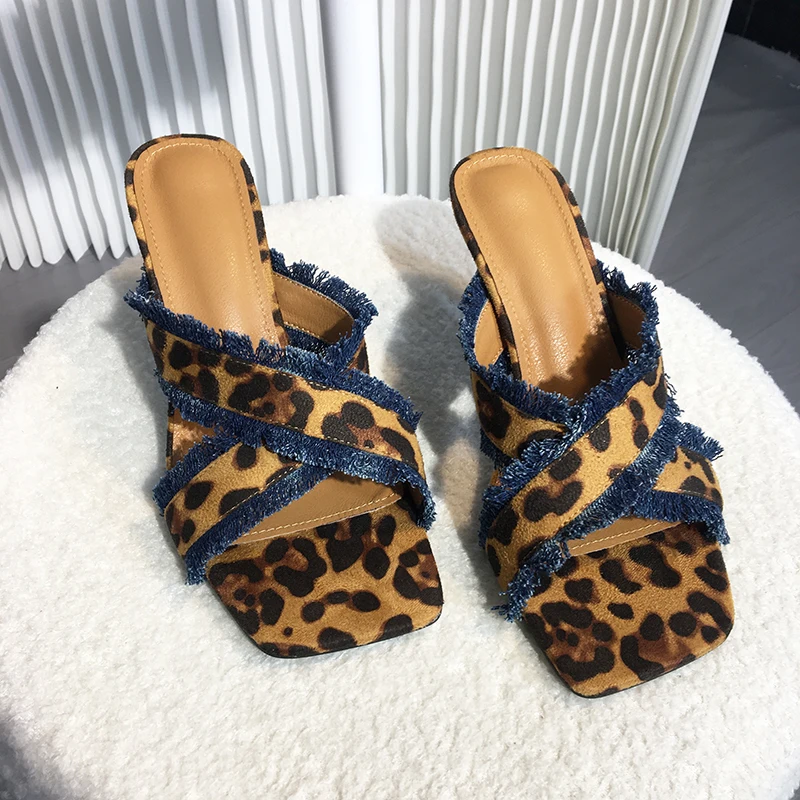 

Square head wide soled sandals with fashion leopard print high heels women's shoes thin heels empty shoes