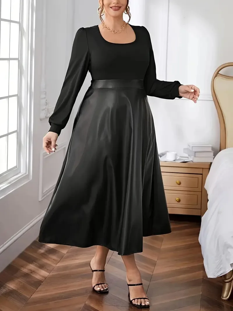 GIBSIE Plus Size Black Scoop Neck Leather Dress Women 2024 Autumn And Winter Lantern Sleeve Office Ladies Vintage Long Dresses