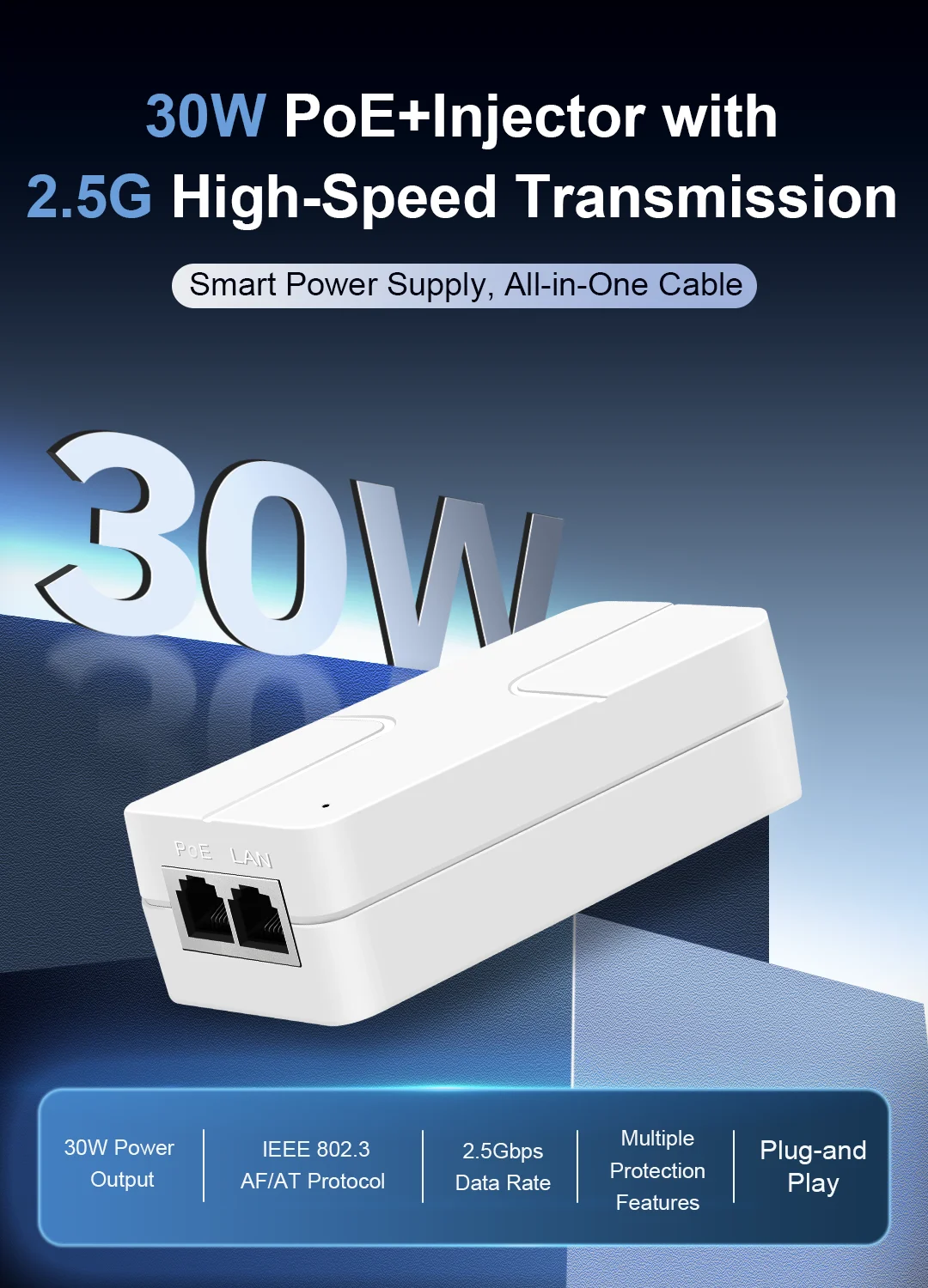 2.5G محول تغذية الطاقة عبر شبكة إيثرنت 52 فولت 30 واط جيجابت إيثرنت PoE محول 10/100/1000/2500Mbps للهاتف IP/الكاميرا شاحن التيار الكهربائي