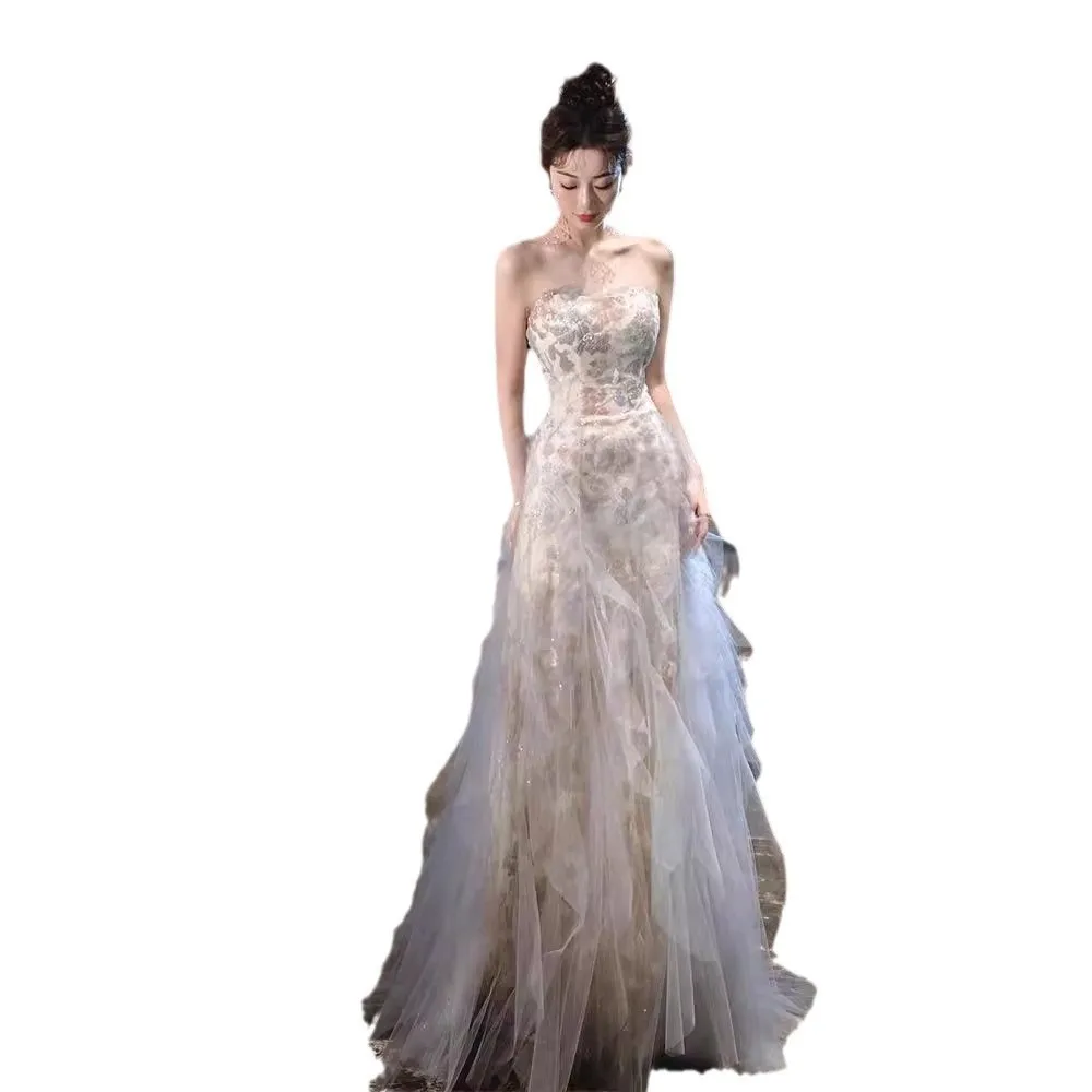 

Длинное вечернее платье Ele, платье принцессы для помолвки, роскошное свадебное платье с открытыми плечами для женщин