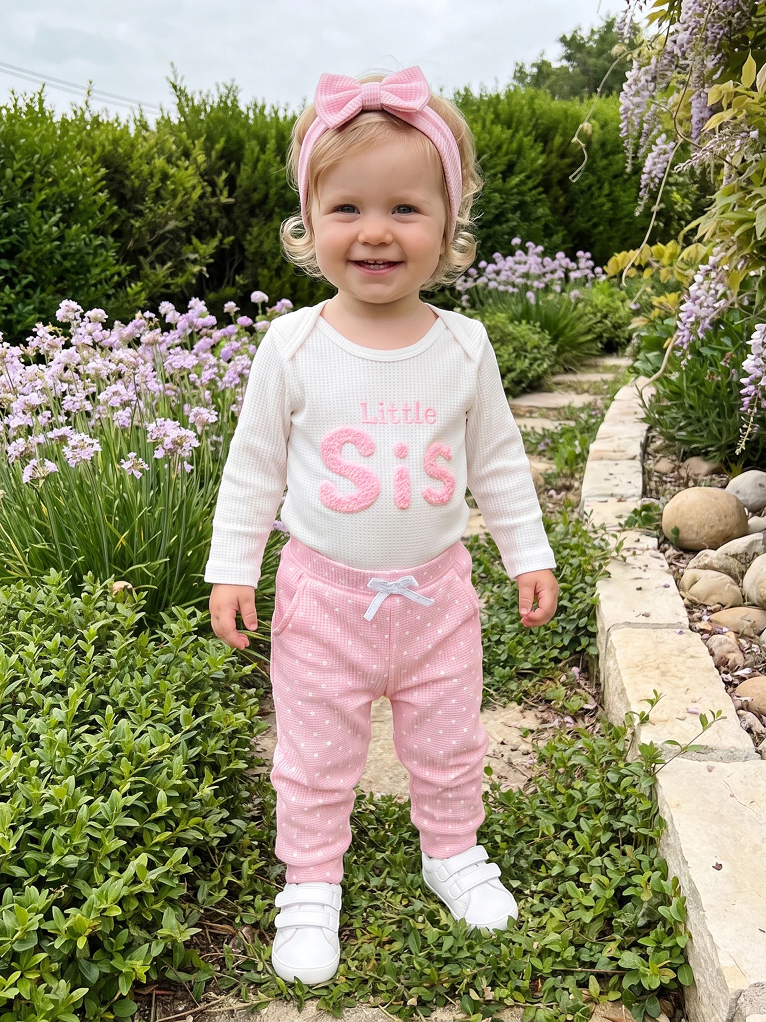 Embroidery Girls Waffle Little Romper Little Sister Outfit-Embroidery Headband Waffle Little Sister Baby Girls Waffle