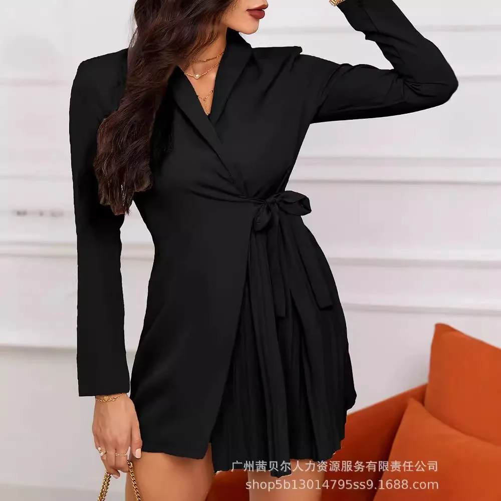 Mandylandy Khaki Suit Dress Women Long Sleeve Pleated Black Suits Dress High Waist Summer Elegants Office Lady Wear A-line Dress