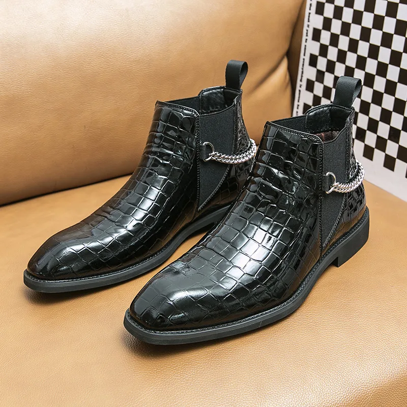 

Classic Fashion High-top Mens Black Dress Shoes Slip-on Pointed Toe Chelsea Boots Designer Luxury Patent Leather Shoes for Men