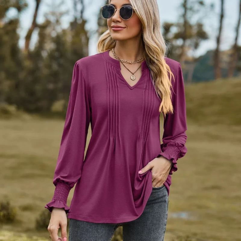 New T-shirt Women's Solid Salad Strip Puff Sleeves V-neck Long-sleeved Top