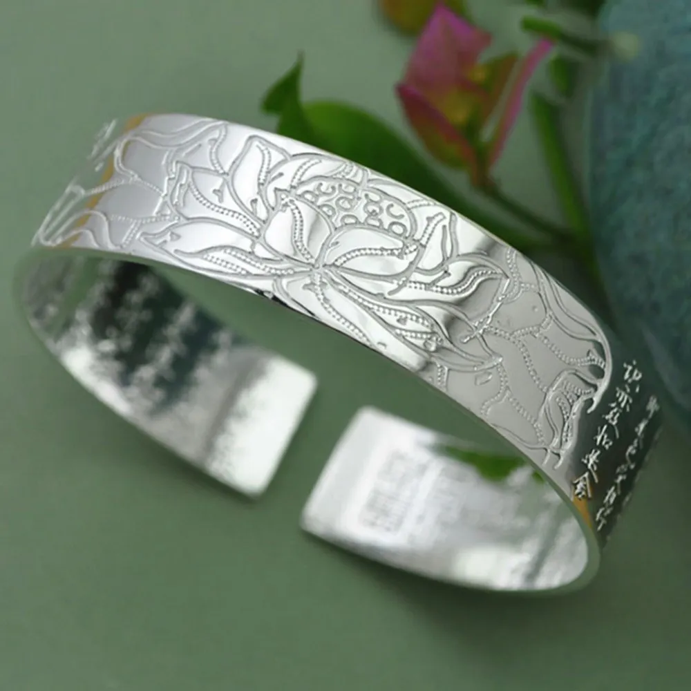 925 Sterling Silver New Women'S Men'S Fashion Jewelry Retro Lotus Carving Buddhist Sutra Blessing Bracelet