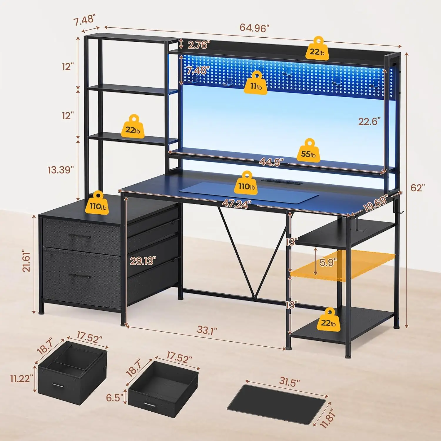 Gaming Desk Hutch 65in Reversible Power Outlets LED Monitor Stand 2 Drawers 4 Shelves Pegboard 8 Hooks Mouse Pad, Customized