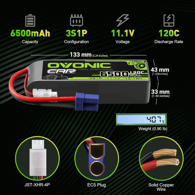 OVONIC 3S يبو بطارية 11.1 فولت 6500 مللي أمبير 120C مع EC5 التوصيل ل RC سيارة مركبة يتم التحكم بها عن بُعد طائرة هليكوبتر قارب سيارة سباق RC هواية (2 حزمة