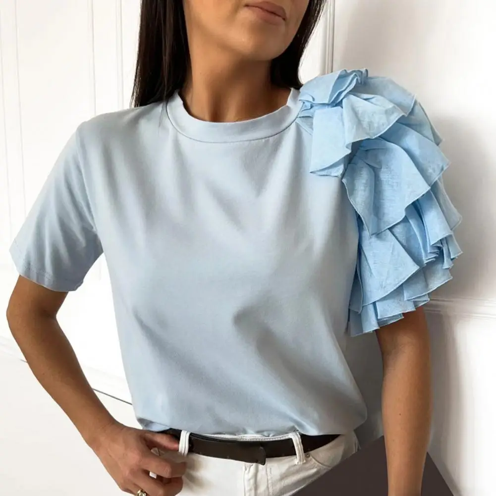 Women Blouses Pleats T-shirts  Summer Elegant Layered Ruffle Short Sleeve Asymmetric Loose Falbala Sleeve Pullover stranger thin