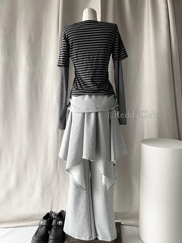 ReddaChic Wrappd Gray Sweatpants Lounge Elastic Waist Wide Leg Irregular Skirt Layering Trousers Grunge Korean Women Clothes