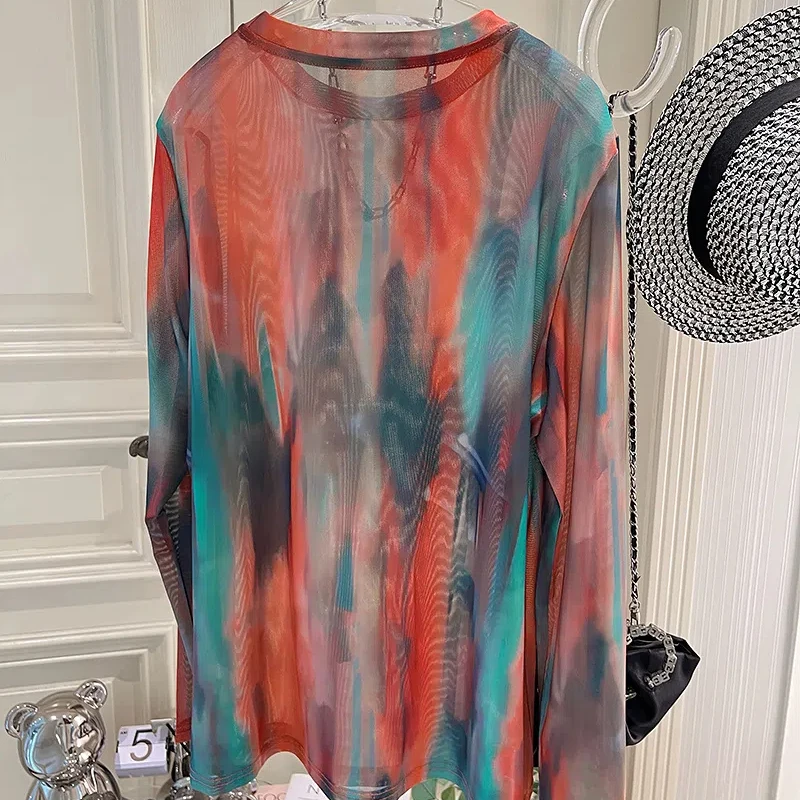 2024 Summer Minimalist Commute Tie Dye Printed Round Neck Camouflage Loose All-match Breathable Gauze Long Sleeve T-shirts Tops