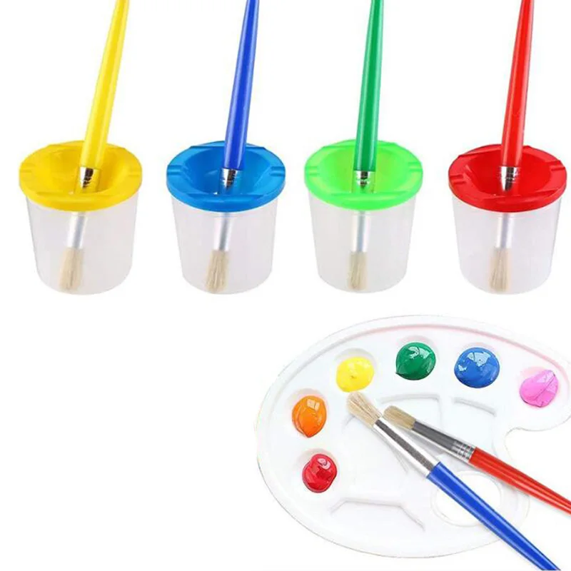 9 Pcs No Spill Paint Cups Set with Paint Brushes and Paint Tray Palette, Paint Cups with Lids for Kids Art Painting